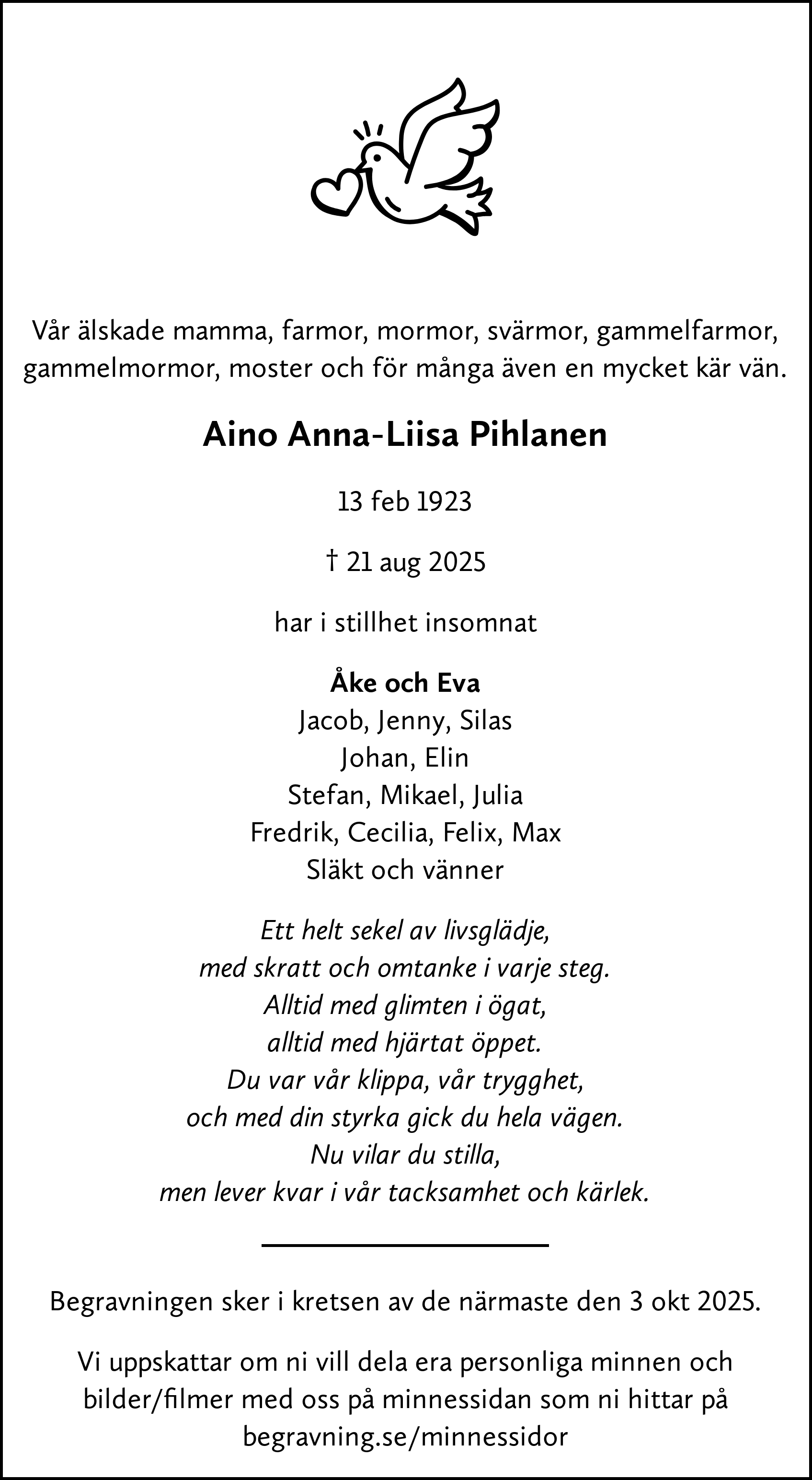 Dödsannons för Aino Anna-Liisa