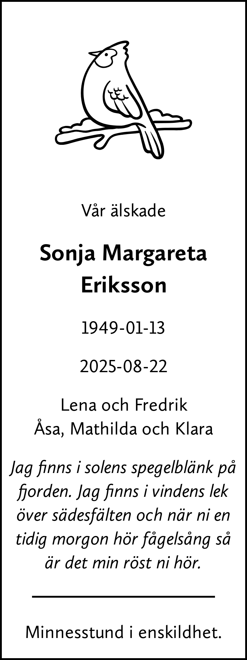 Dödsannons för Sonja Margareta