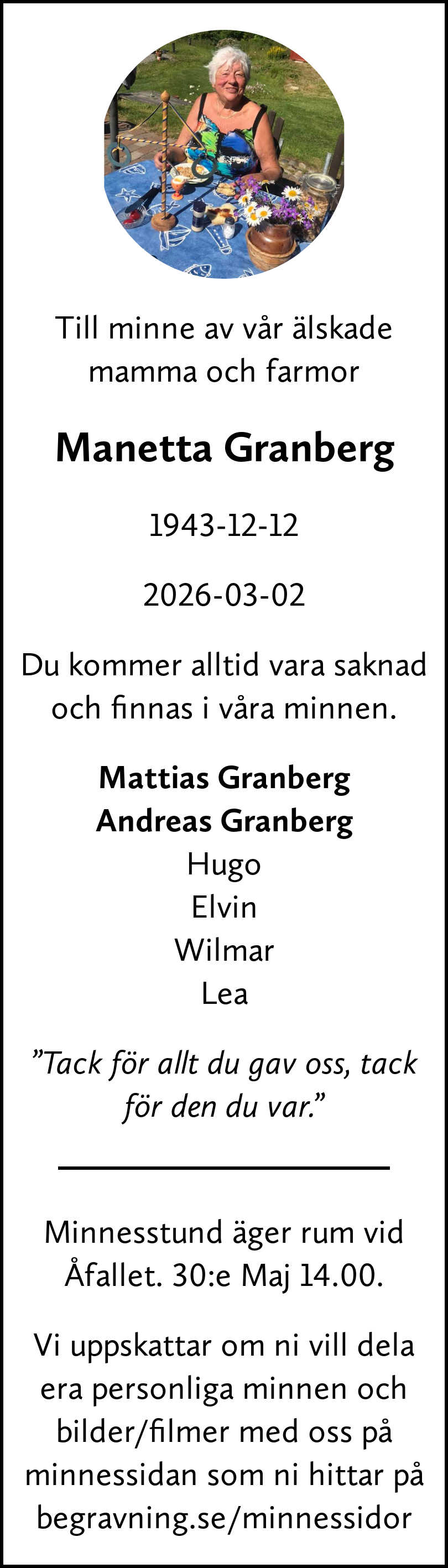 Dödsannons för Manetta
