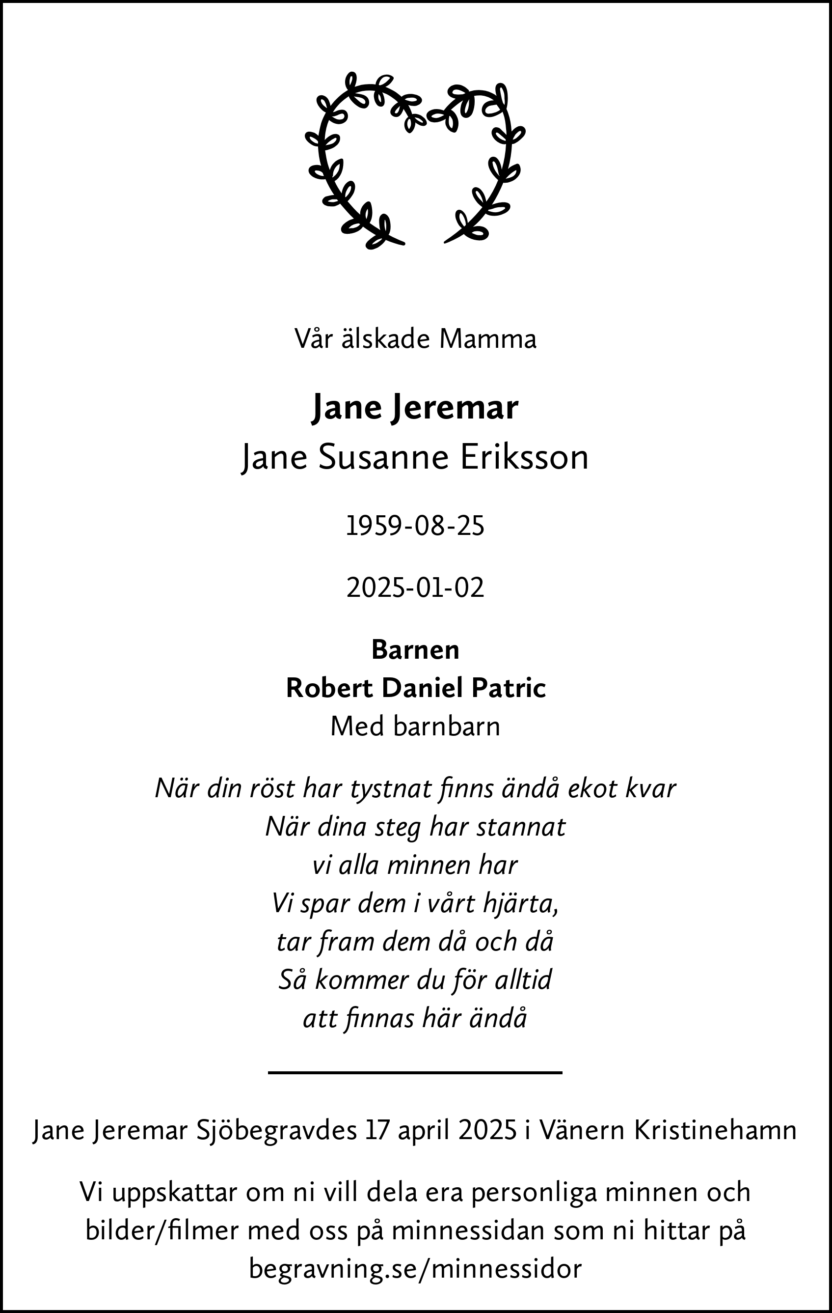 Dödsannons för Jane Susanne