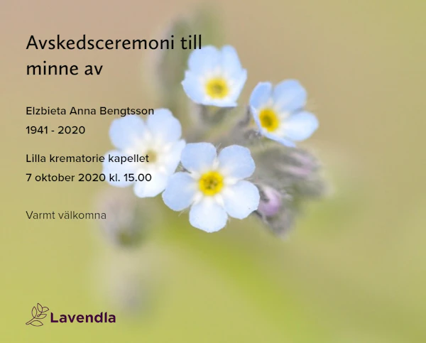 Inbjudningskort till ceremonin för Elzbieta Anna Bengtsson