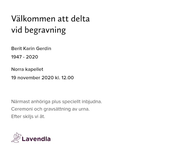 Inbjudningskort till ceremonin för Berit Karin Gerdin