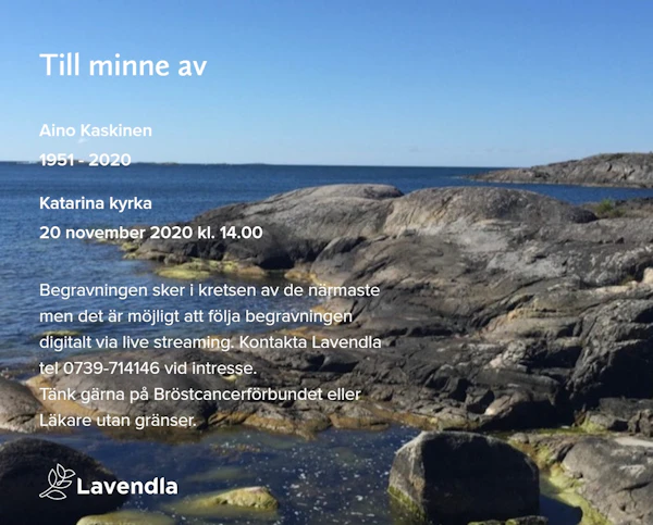 Inbjudningskort till ceremonin för Aino Kaskinen