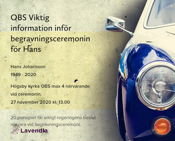 Inbjudningskort till ceremonin för Hans Johansson
