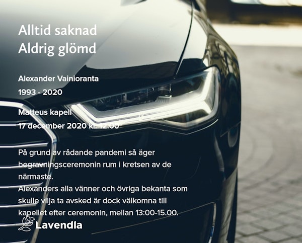 Inbjudningskort till ceremonin för Alexander Vainioranta