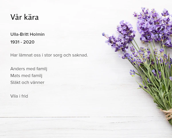 Inbjudningskort till ceremonin för Ulla-Britt Holmin