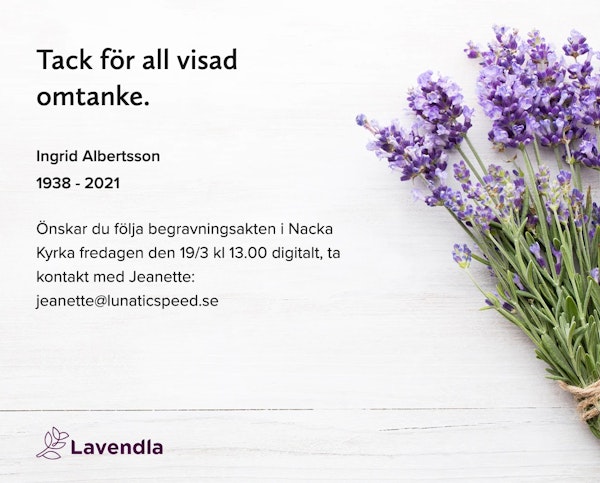 Inbjudningskort till ceremonin för Ingrid Albertsson