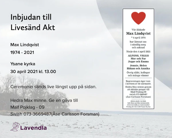 Inbjudningskort till ceremonin för Max Lindqvist