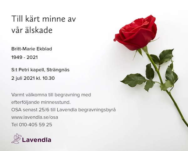 Inbjudningskort till ceremonin för Britt-Marie Ekblad