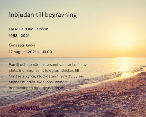 Inbjudningskort till ceremonin för Lars-Ola “Ola” Larsson