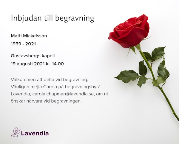 Inbjudningskort till ceremonin för Matti Mickelsson