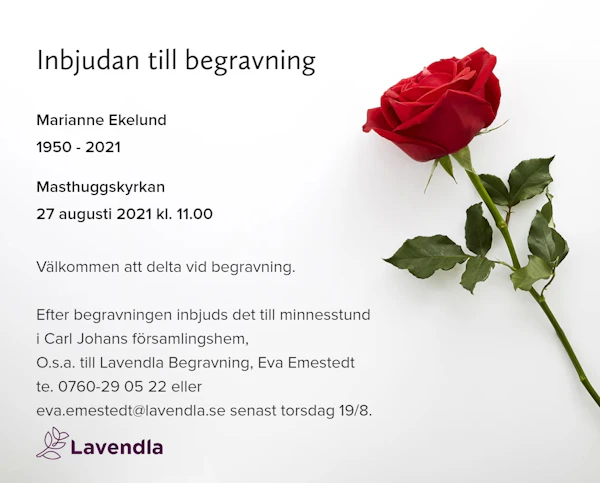 Inbjudningskort till ceremonin för Marianne Ekelund