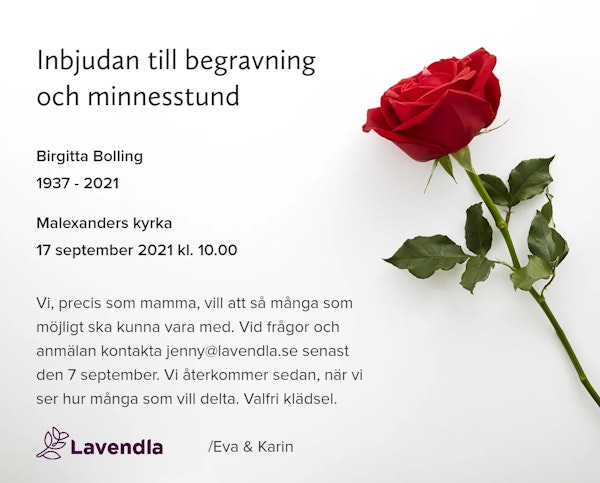 Inbjudningskort till ceremonin för Birgitta Bolling