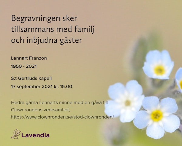 Inbjudningskort till ceremonin för Lennart Franzon