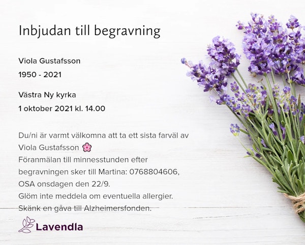 Inbjudningskort till ceremonin för Viola Gustafsson