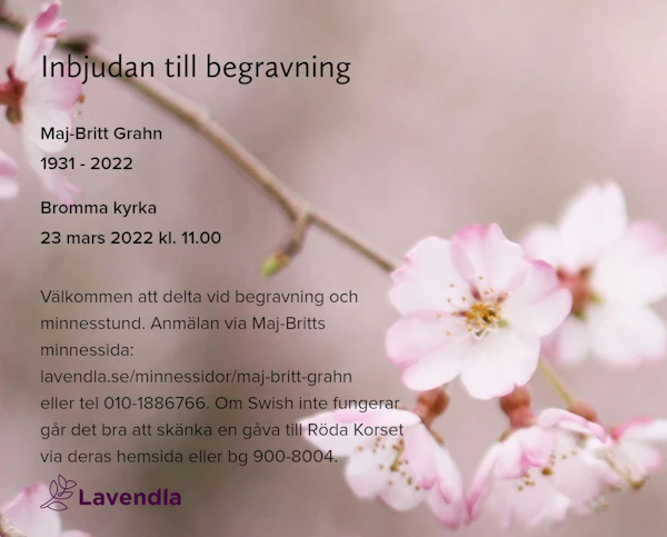 Inbjudningskort till ceremonin för Maj-Britt Grahn