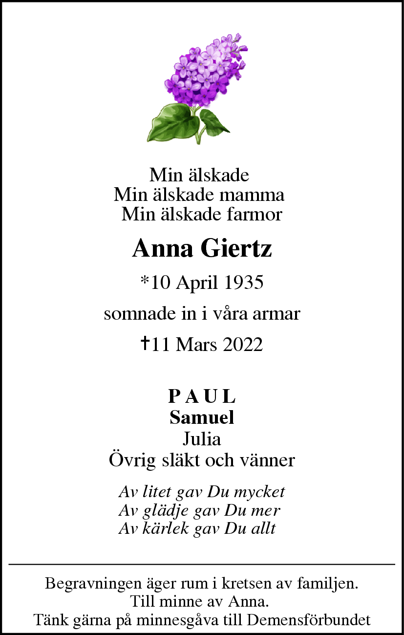 Dödsannons för Anna