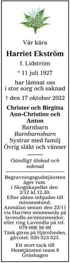 Dödsannons för Harriet