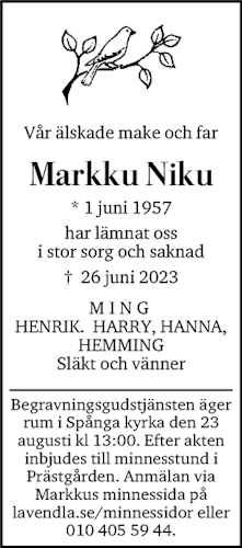 Dödsannons för Markku