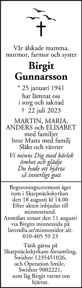 Dödsannons för Birgit Elisabet
