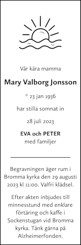 Dödsannons för Mary Valborg