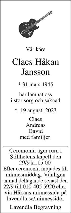 Dödsannons för Claes Håkan