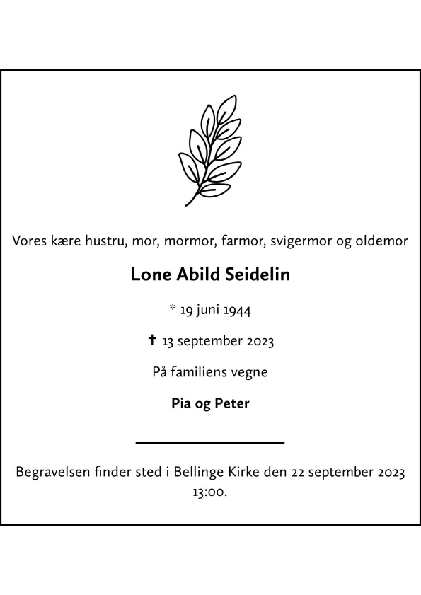 Dødsannonce for Lone Abild