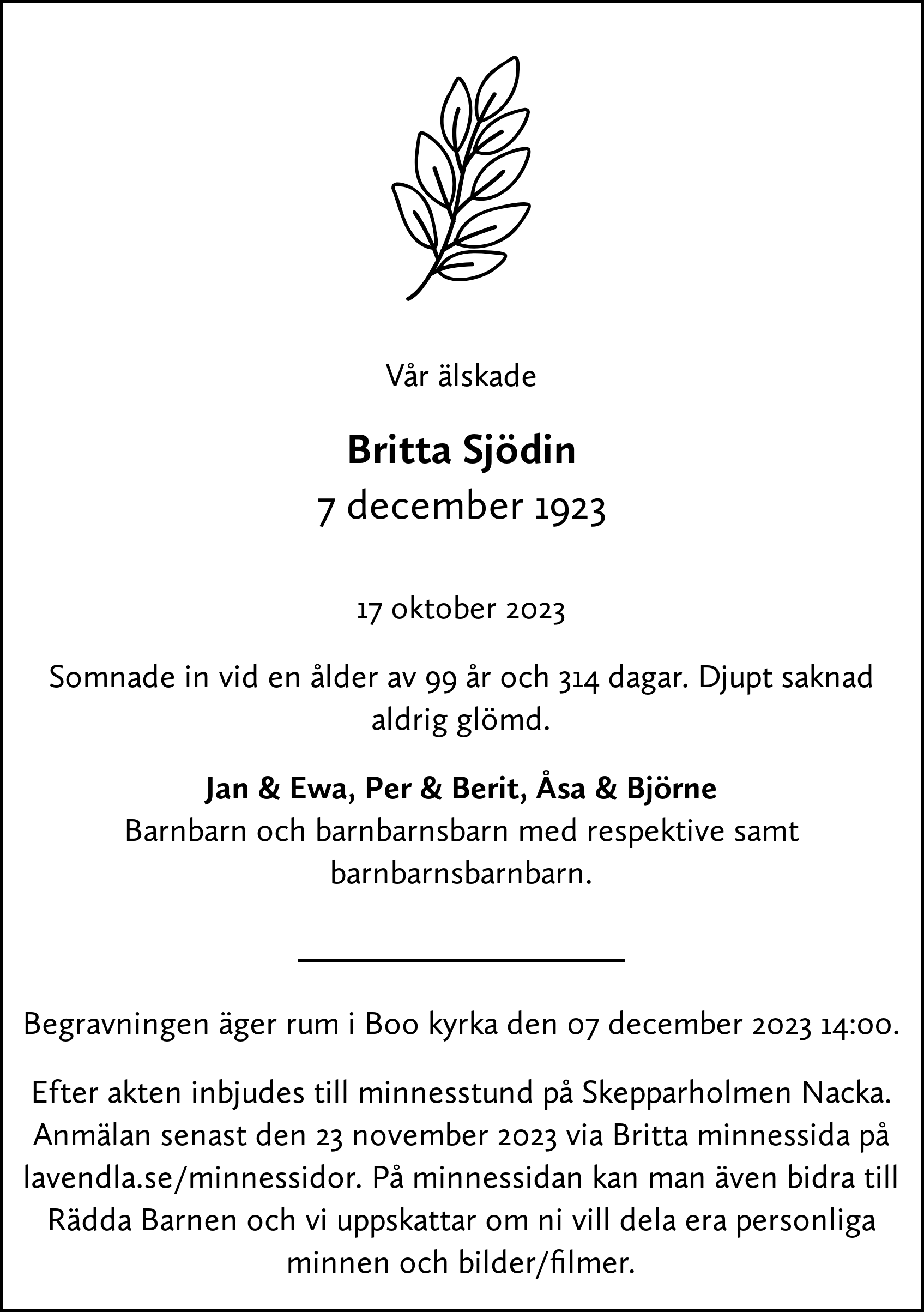 Dödsannons för Britta