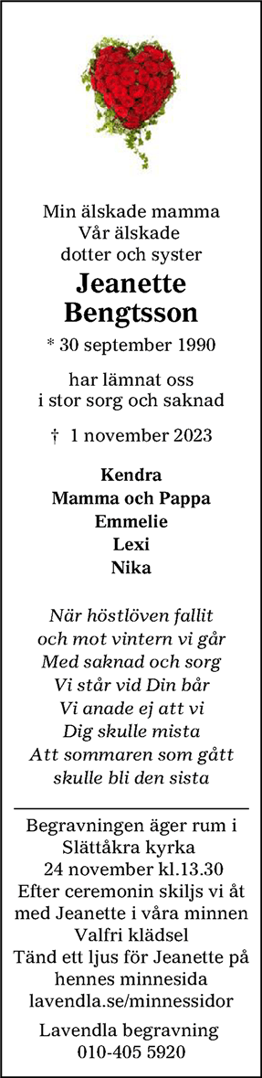 Dödsannons för Jeanette