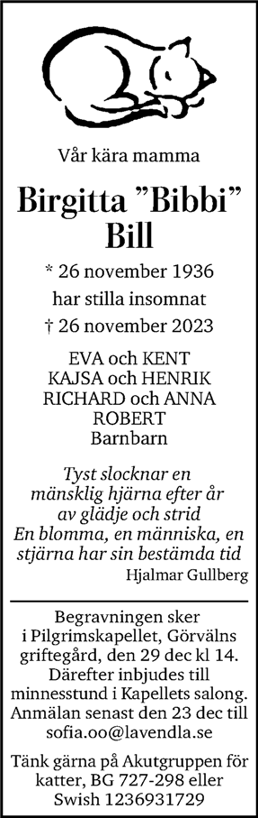 Dödsannons för Birgitta ”Bibbi”