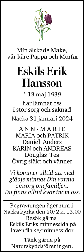 Dödsannons för Eskils Erik