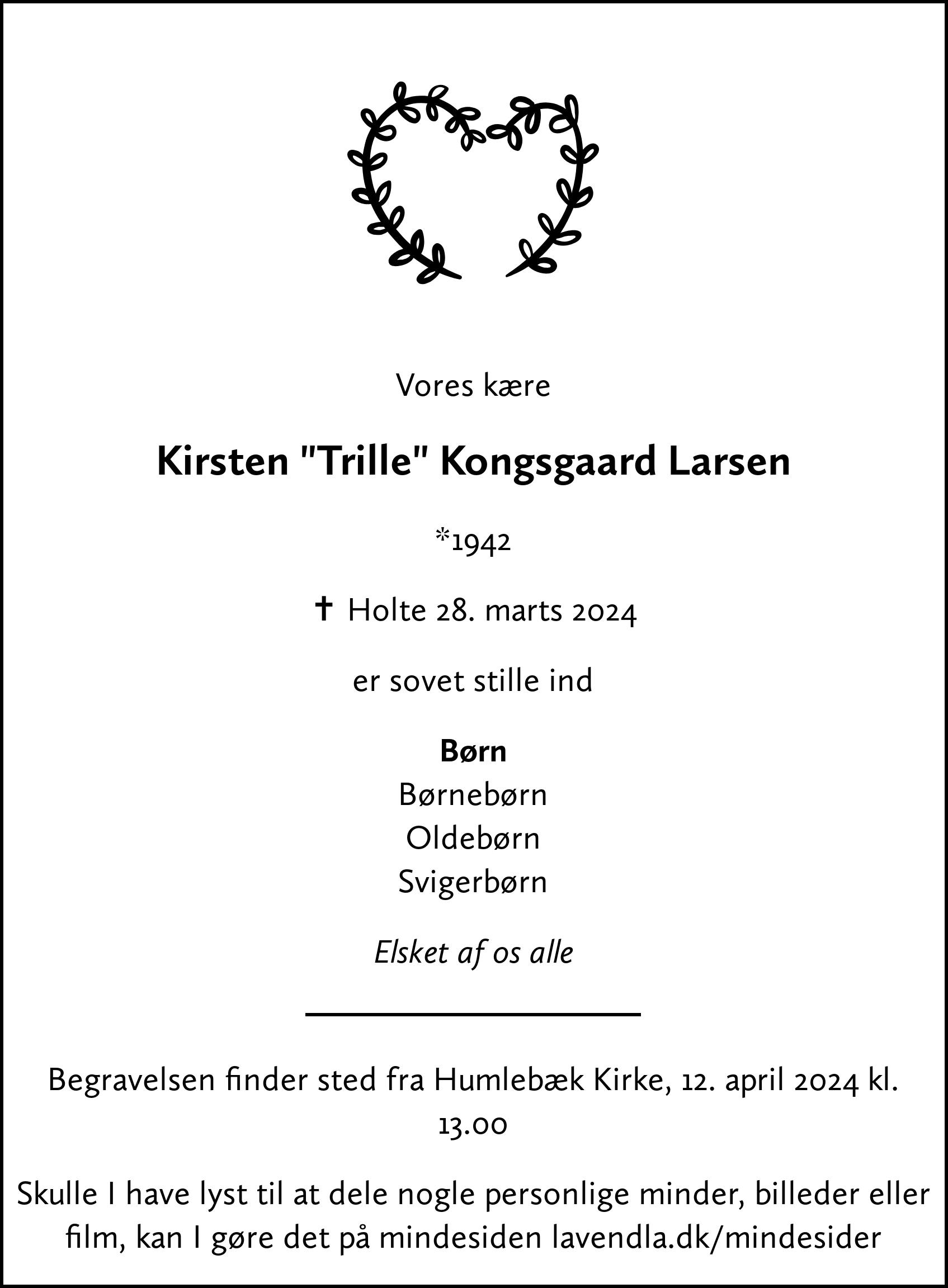 Dødsannonce for Kirsten Kongsgaard