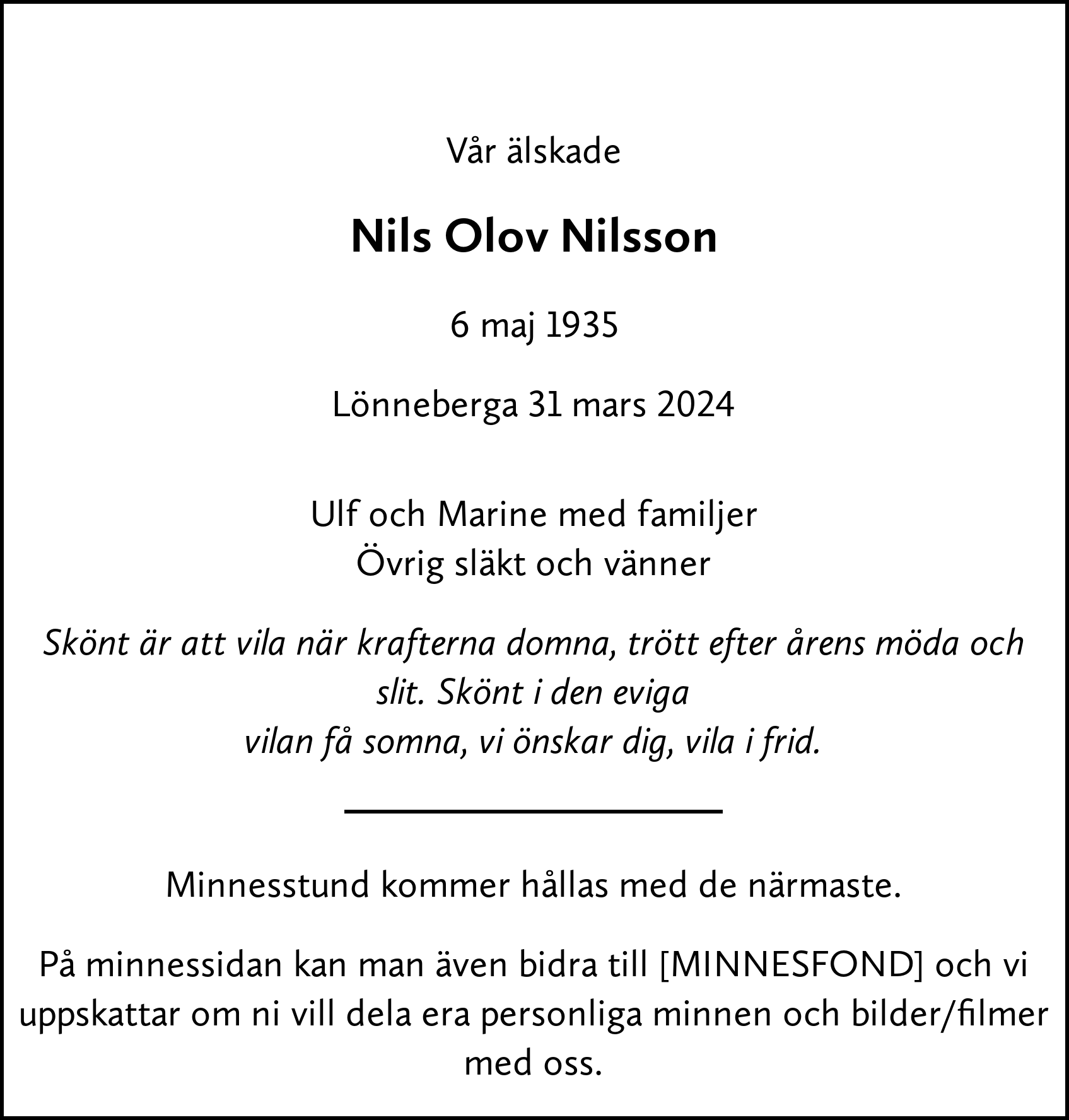 Dödsannons för Nils Olov