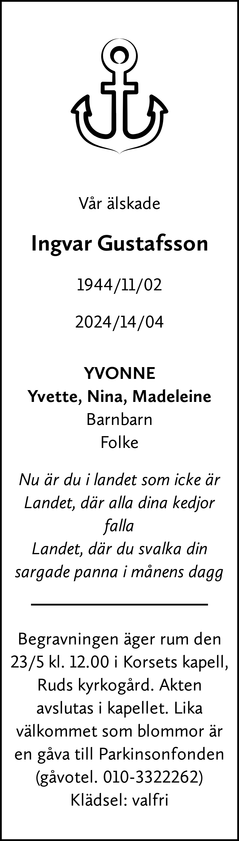 Dödsannons för Ingvar