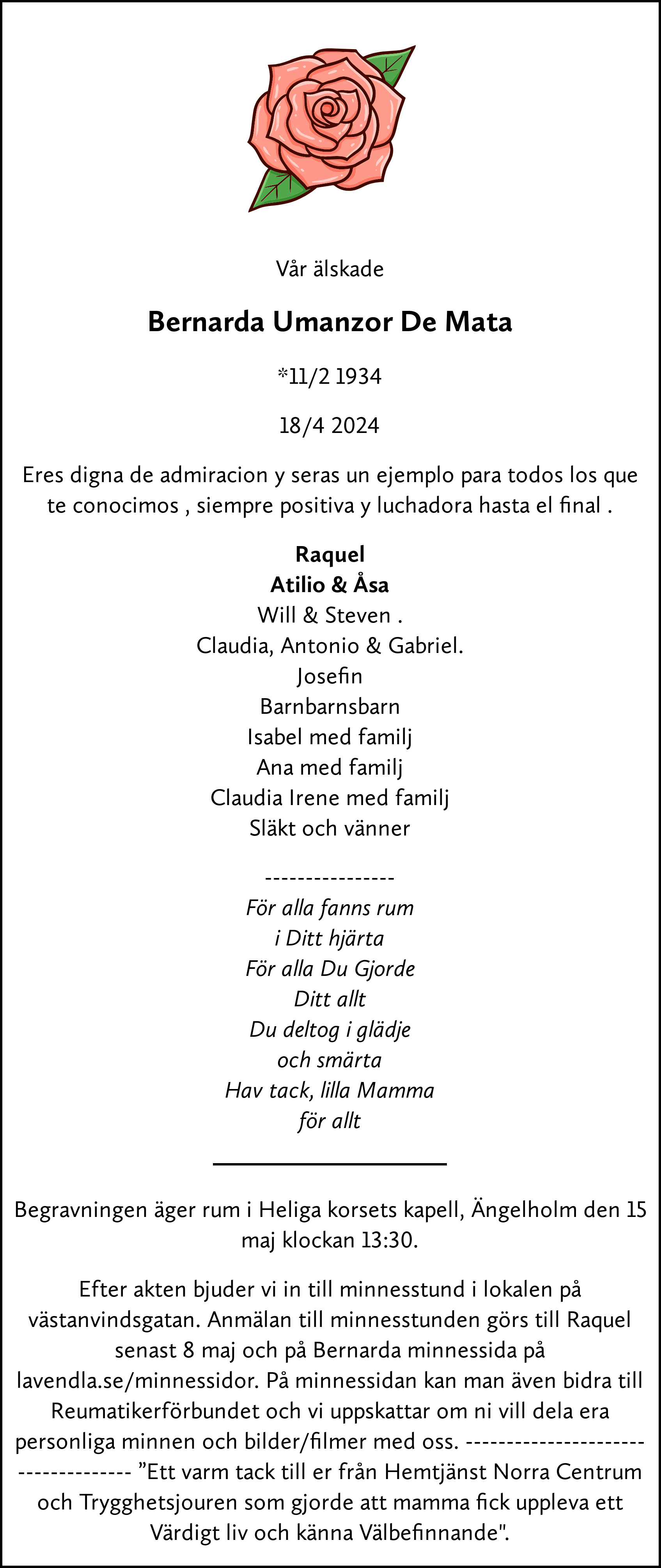 Dödsannons för Bernarda