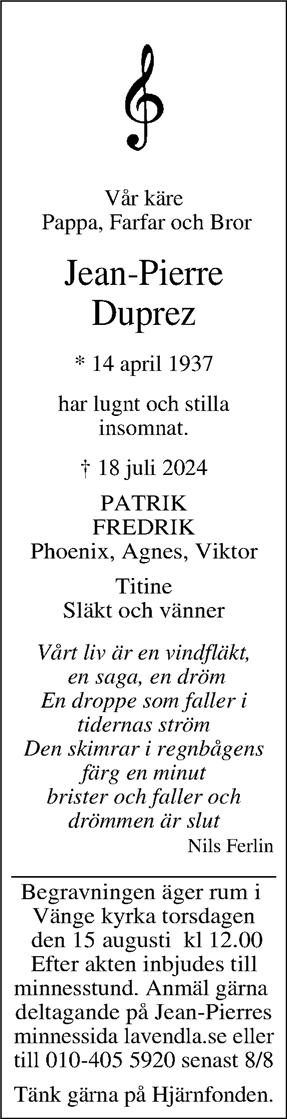 Dödsannons för Jean-Pierre