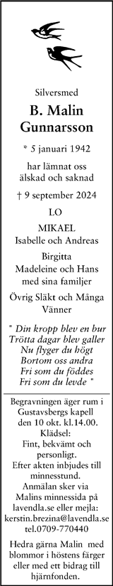 Dödsannons för B. Malin