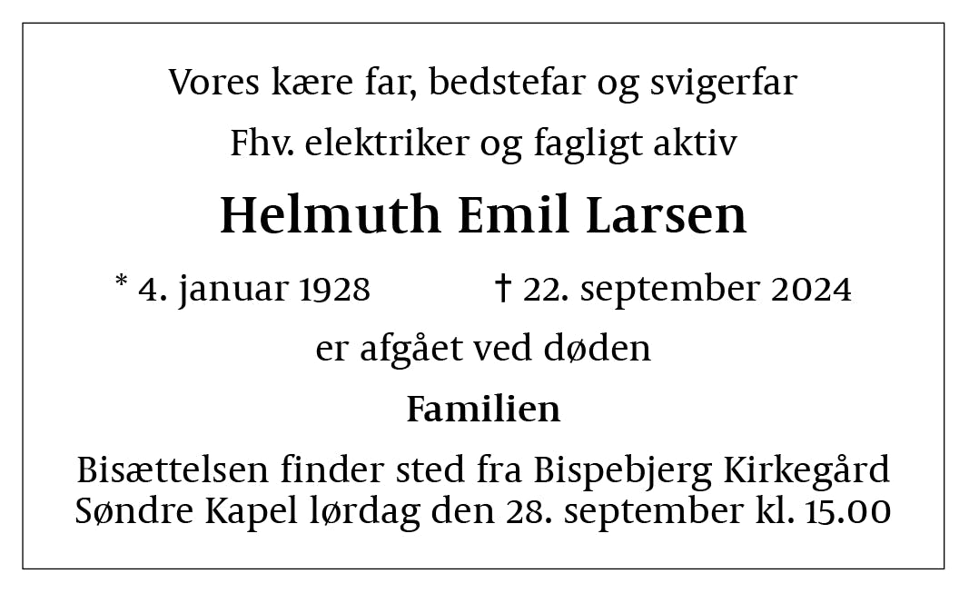 Dødsannonce for Helmuth Emil
