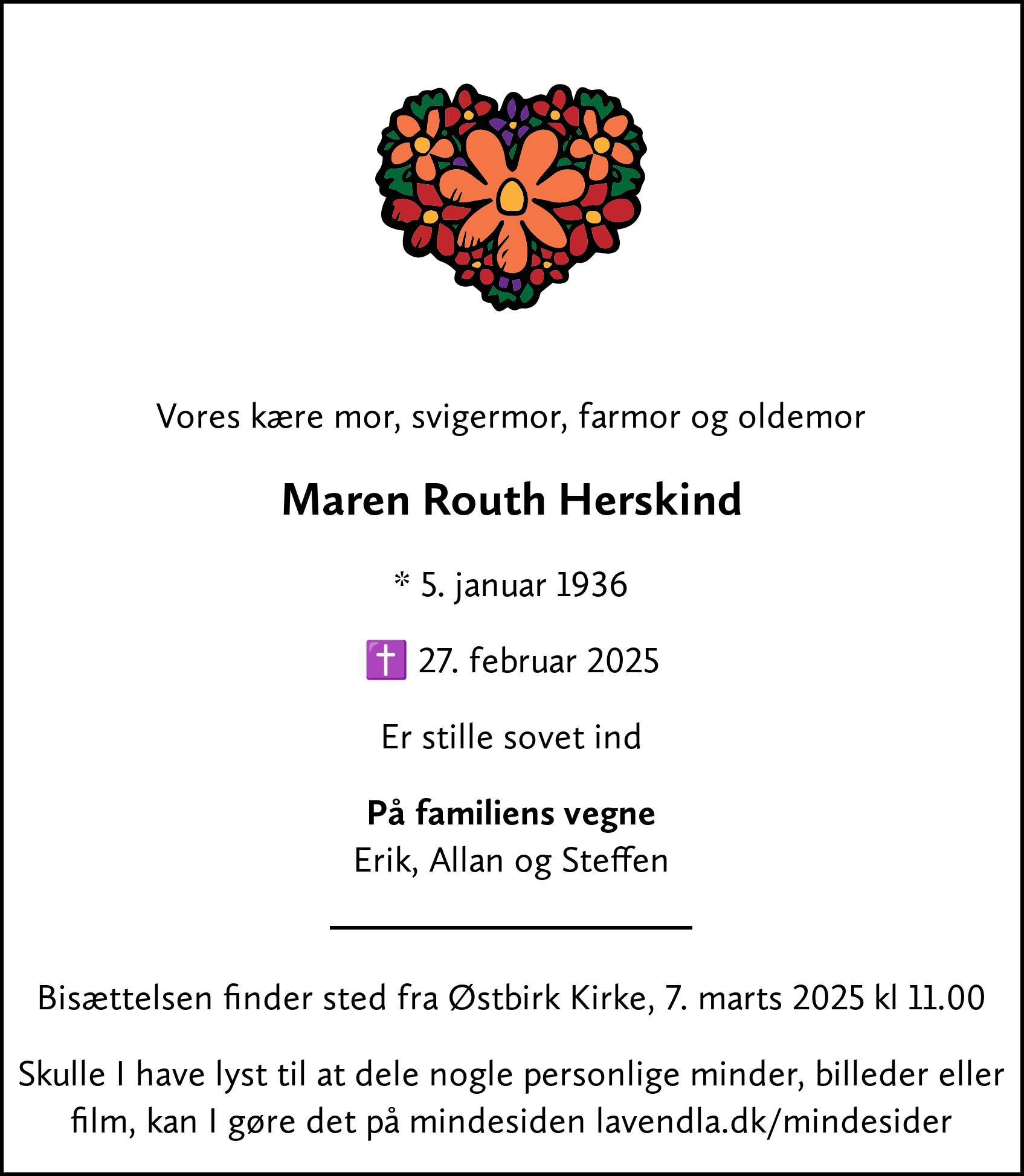 Dødsannonce for Maren Routh