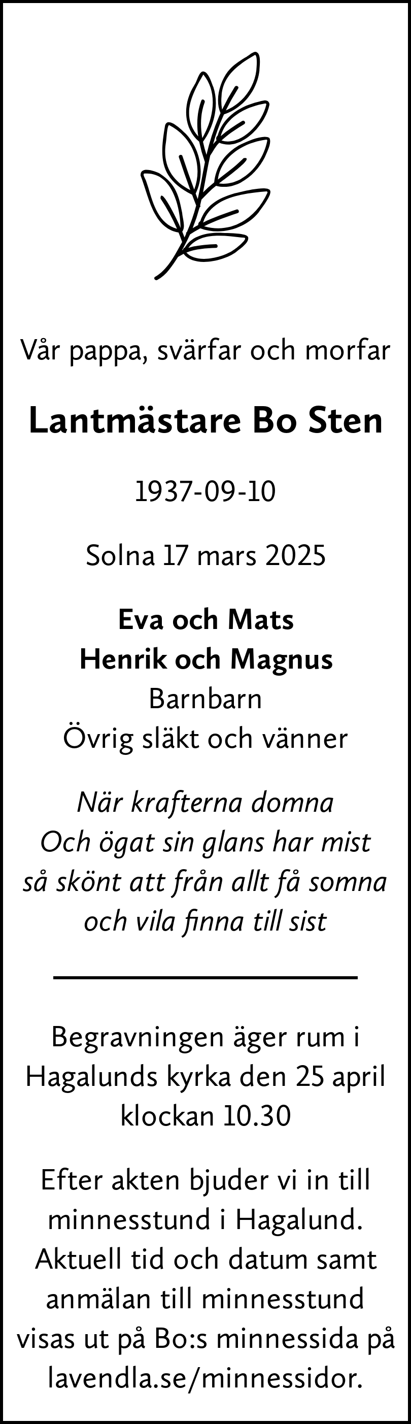 Dödsannons för Lantmästare Bo