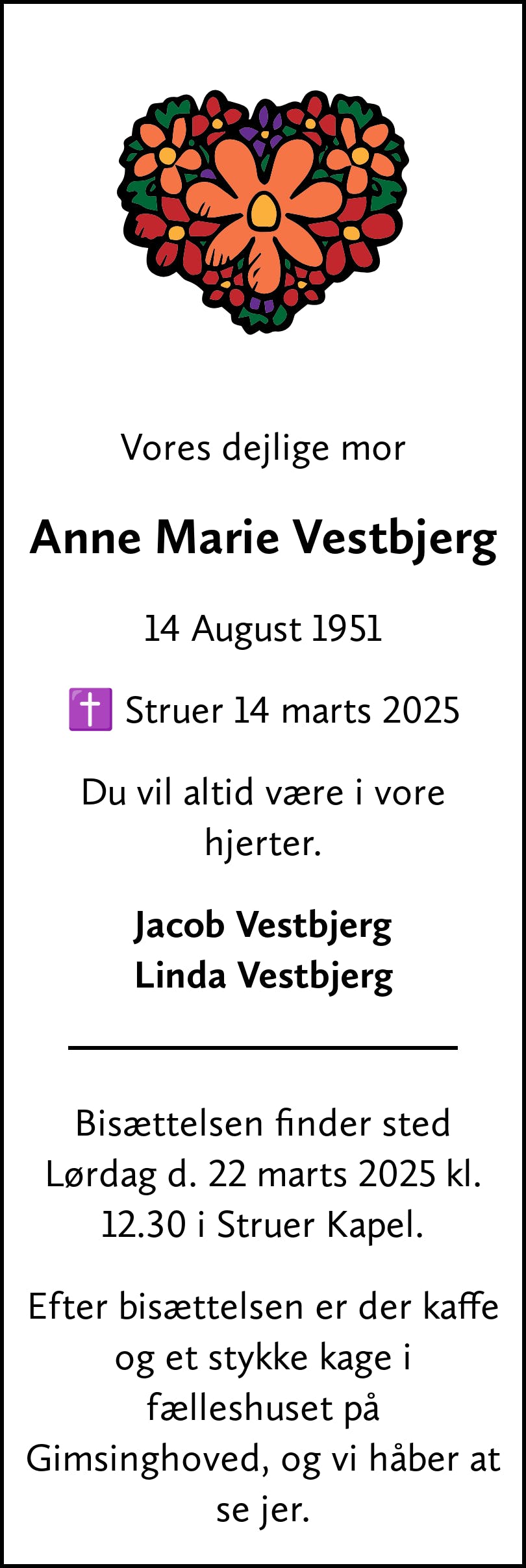 Dødsannonce for Anne Marie