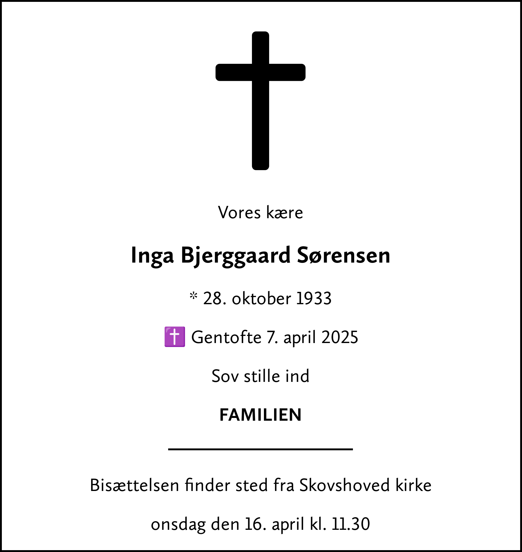 Dødsannonce for Inga Bjerggaard