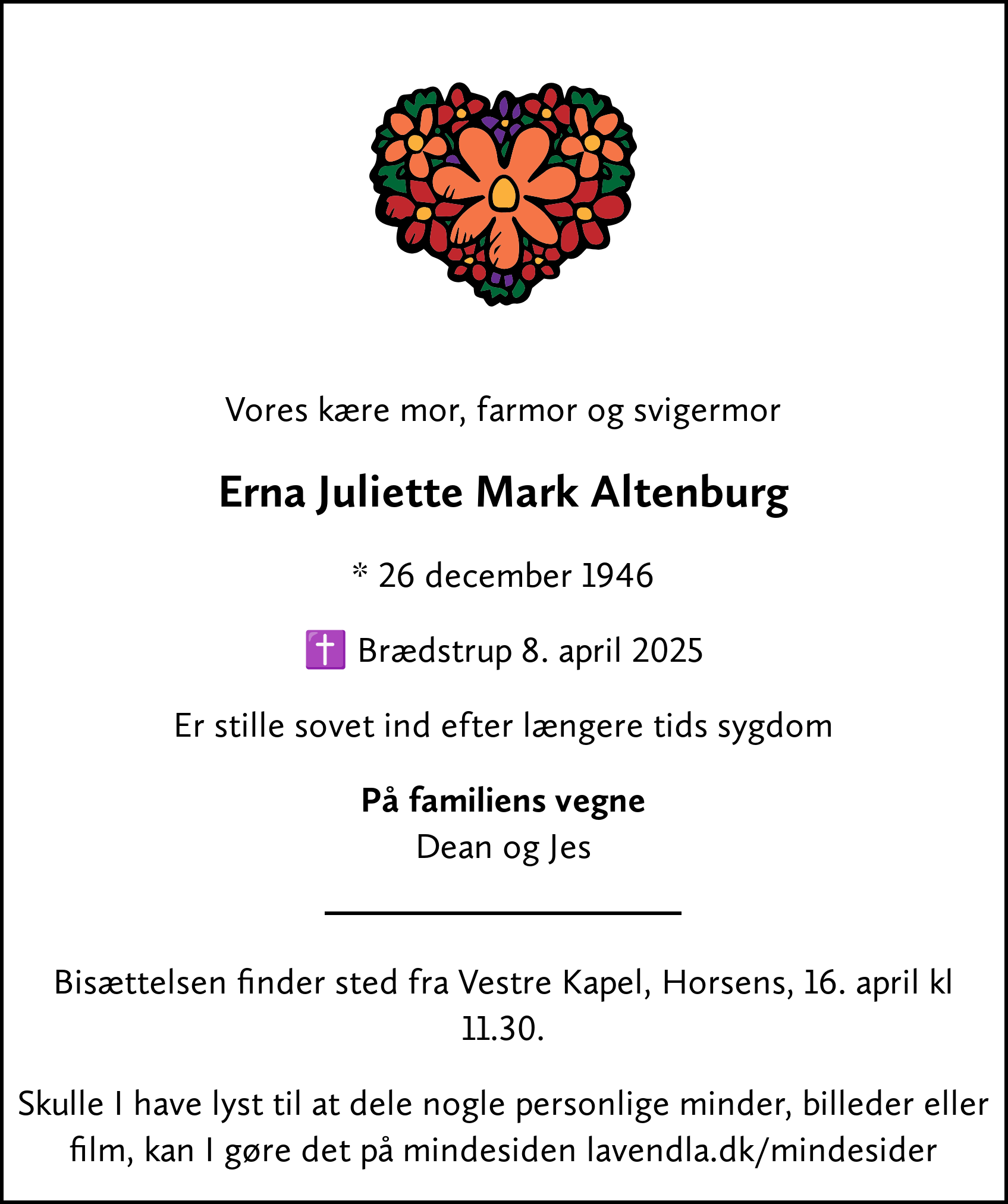 Dødsannonce for Erna Juliette Mark