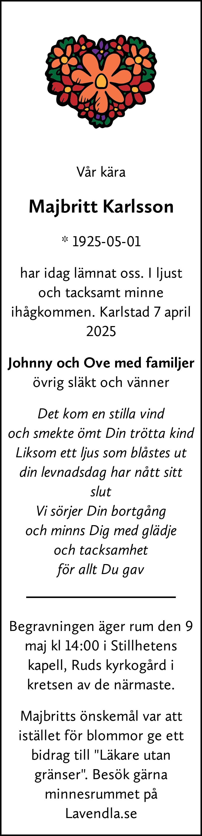 Dödsannons för Majbritt