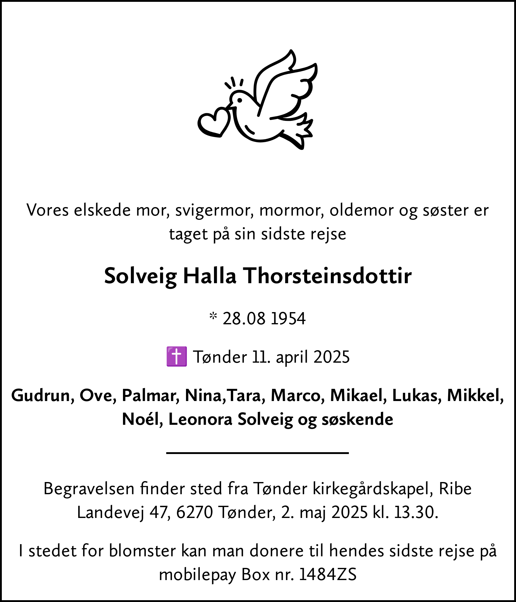 Dødsannonce for Solveig Halla