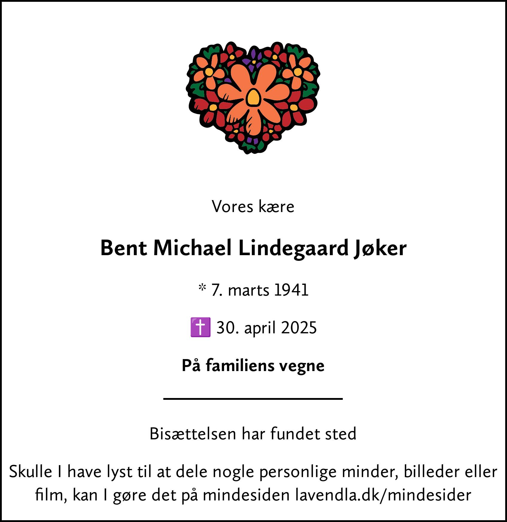 Dødsannonce for Bent Michael Lindegaard