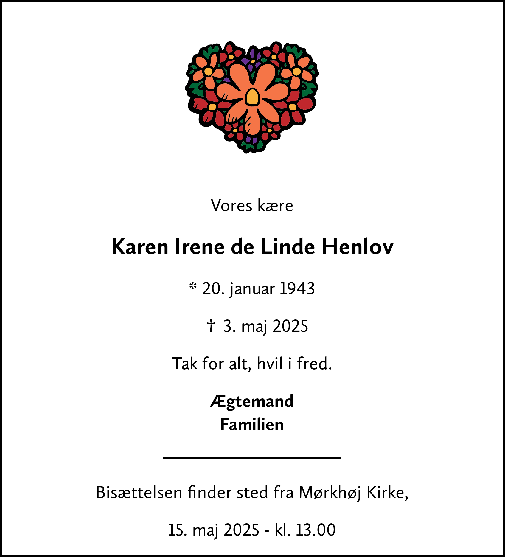 Dødsannonce for Karen Irene de Linde