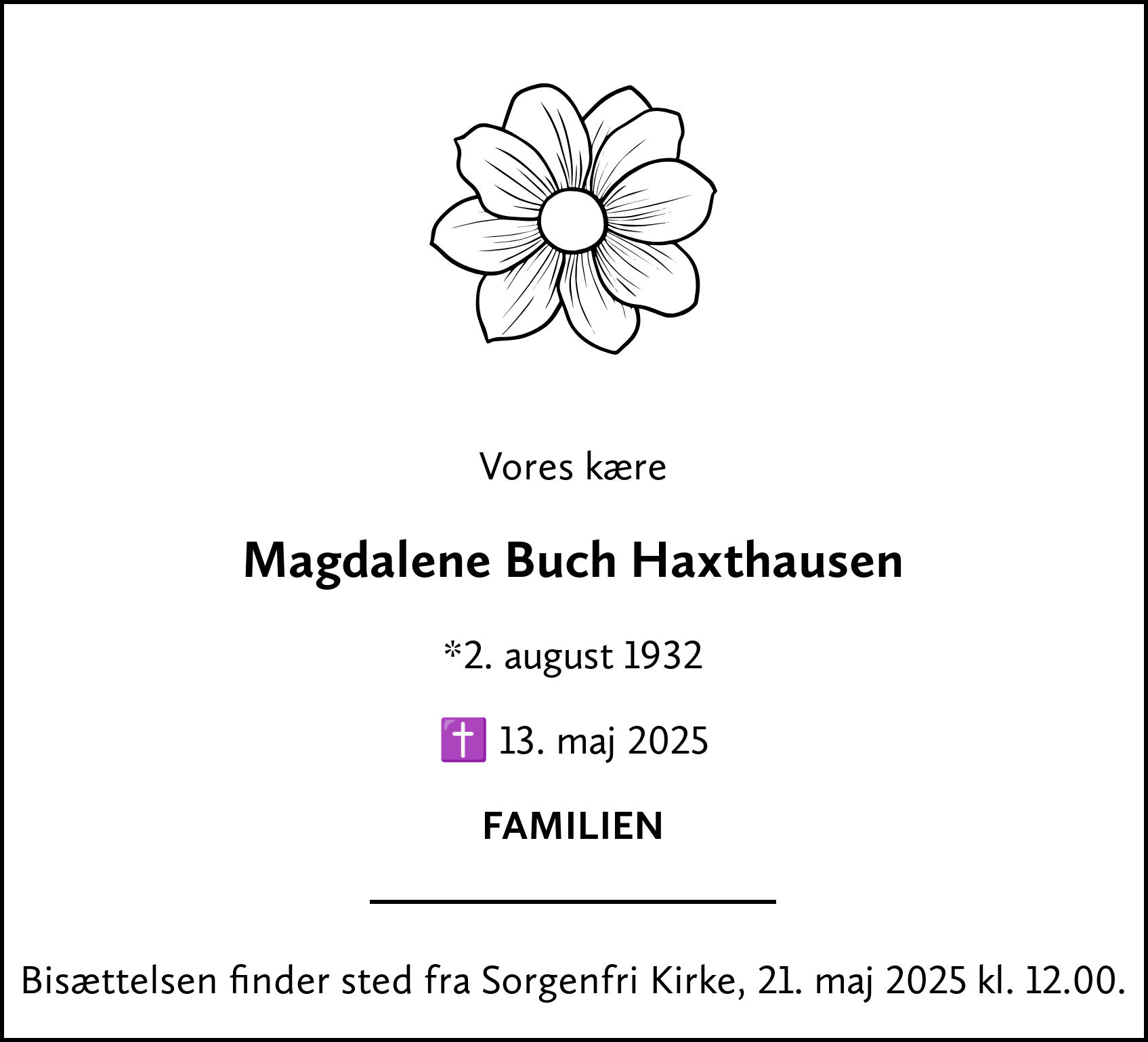 Dødsannonce for Magdalene Buch
