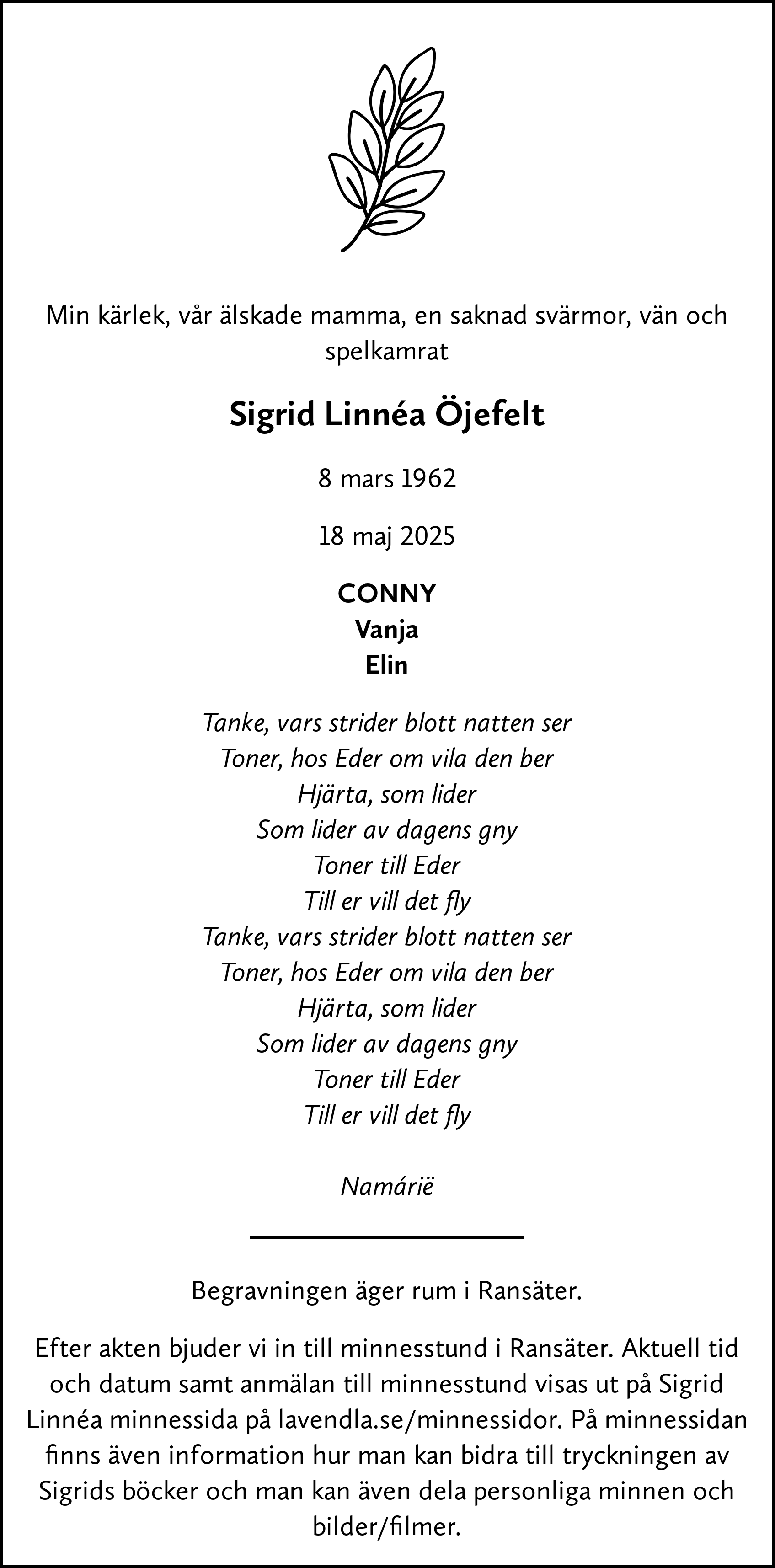 Dödsannons för Sigrid Linnéa