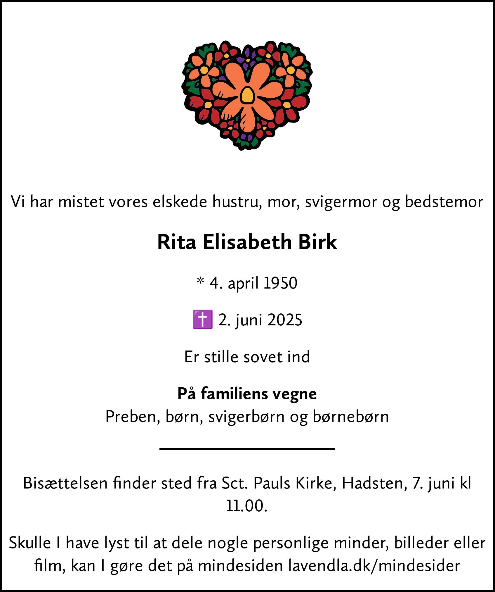 Dødsannonce for Rita Elisabeth